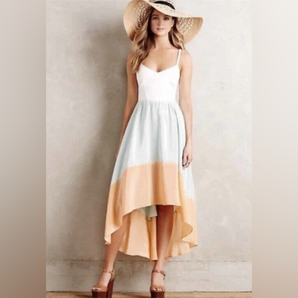 UNICORN! Hutch Capay Orange White Blue Colorblock Hi High Low Midi Dress Small